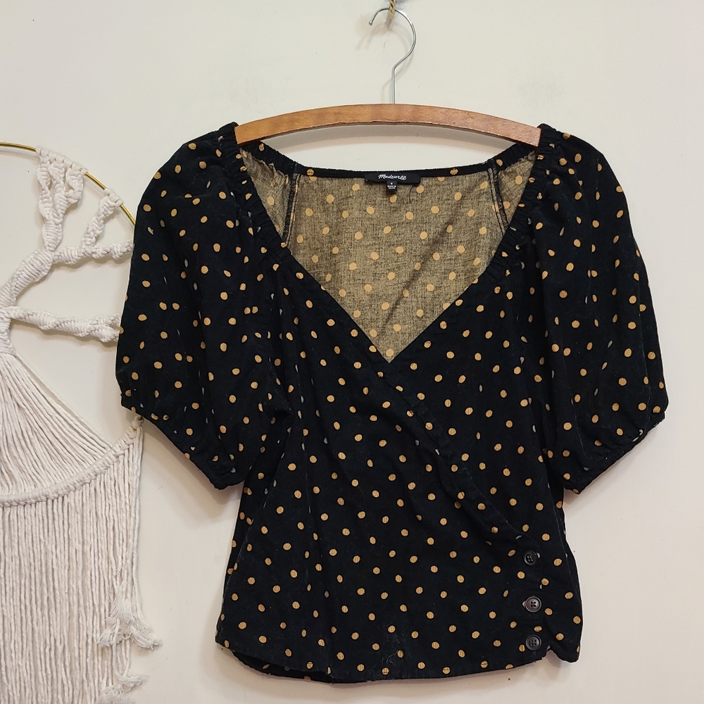 ☆ SOLD ☆ Madewell Corduroy Puff-Sleeve Wrap Top in Oval Dot - Picture 7 of 11